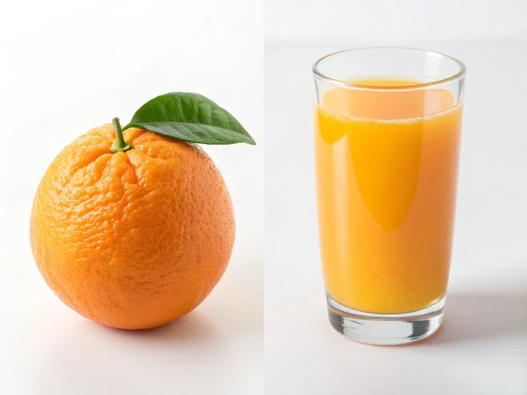 Fresh orange beside a glass of freshly squeezed orange juice.