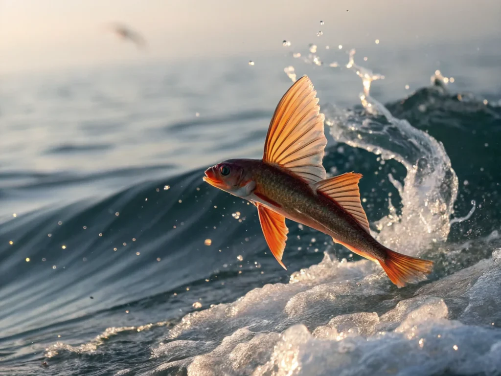 a detailed close up of a flying fish releasing its1