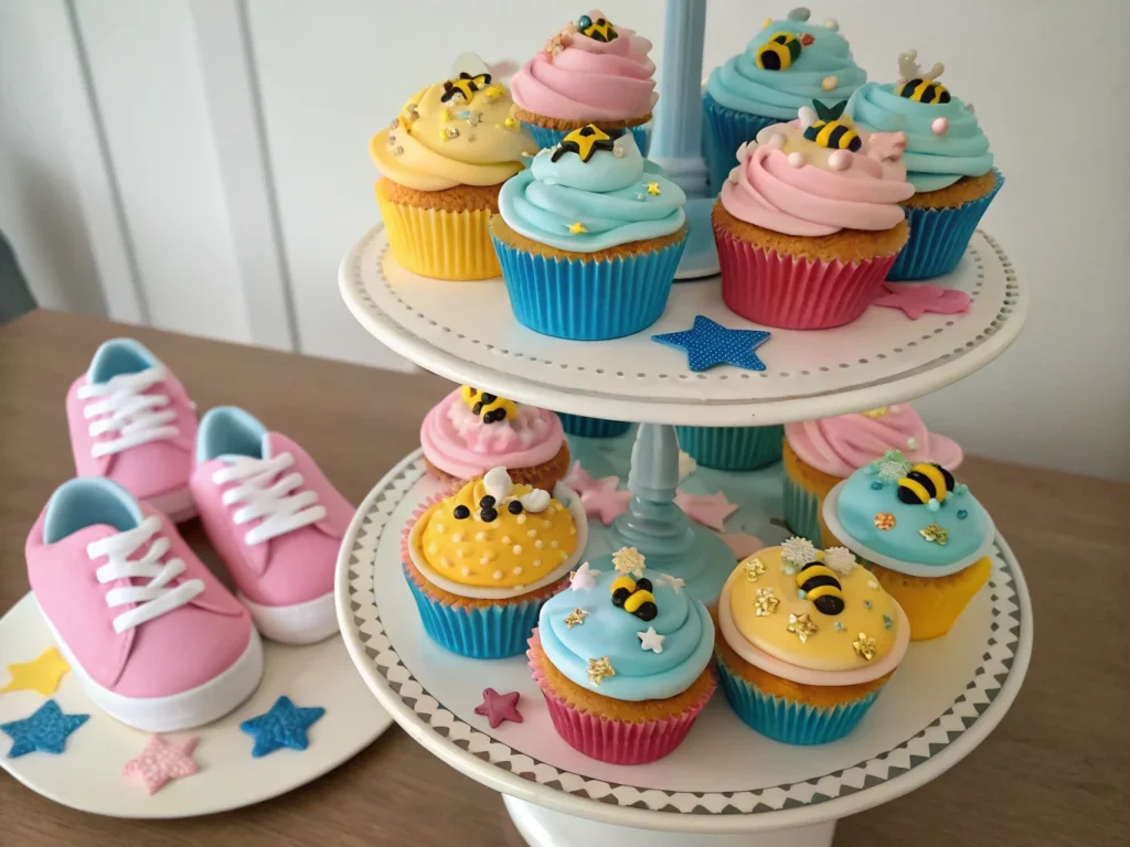 a display of themed gender reveal cupcakes decorat