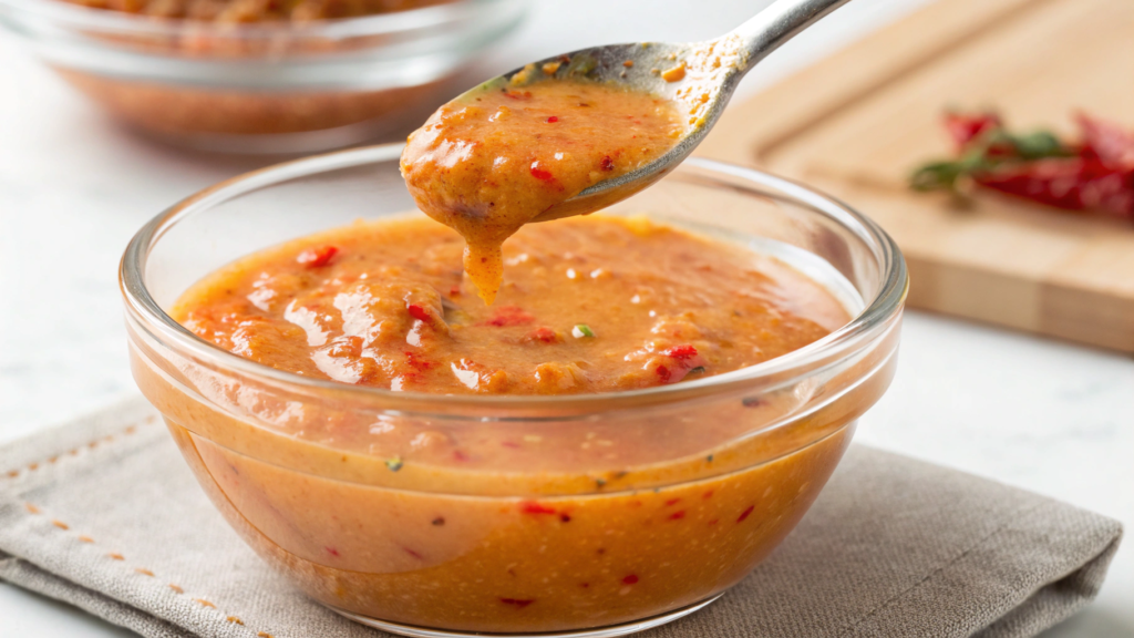 a glass bowl of bang bang sauce with a spoon lift