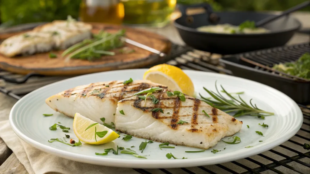 a grilled walleye fillet with distinct grill mark