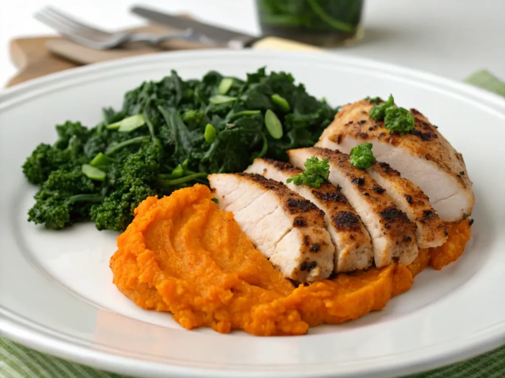 Healthy meal with sweet potato puree and grilled chicken