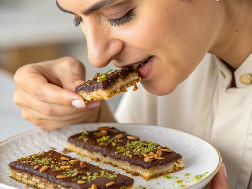 a person tasting a knafeh chocolate bar with a cl