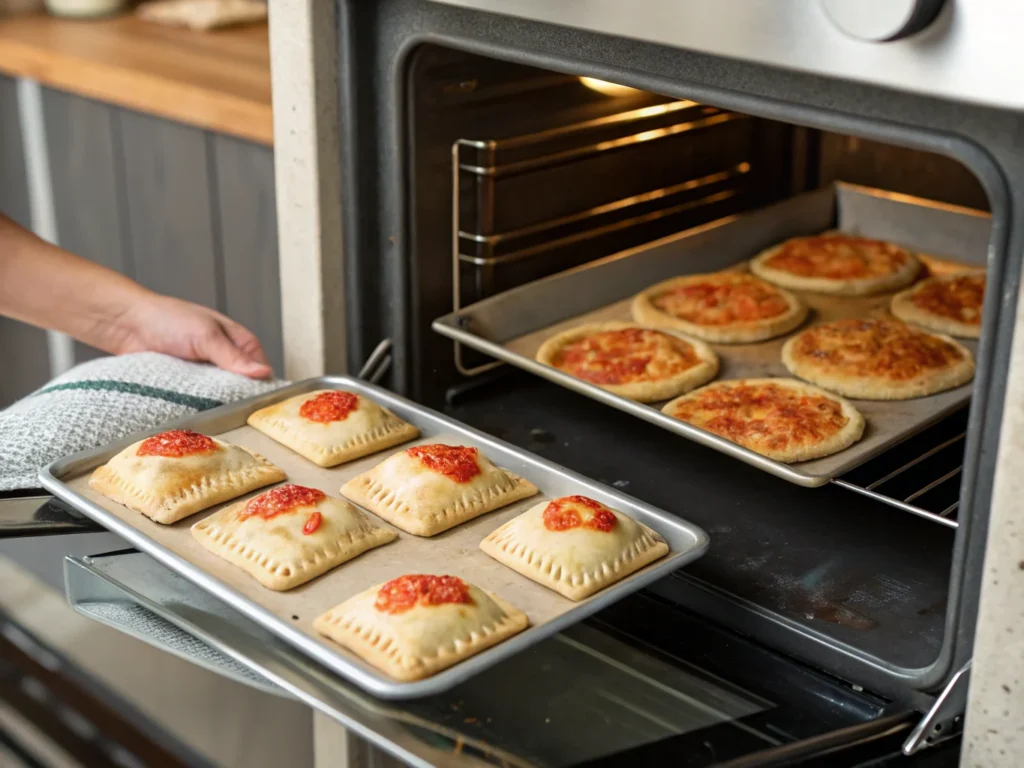 a pizza puff being placed in the oven ready to b