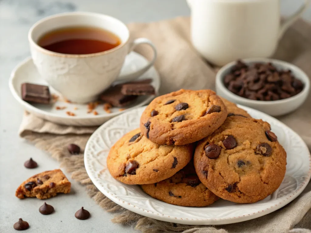 a plate of freshly baked chocolate chip cookies g