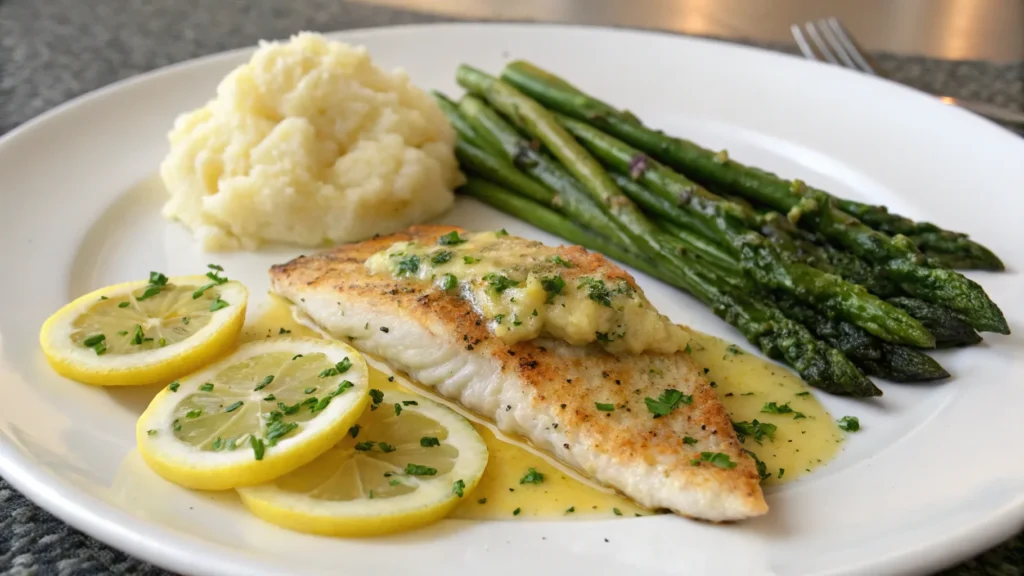 a plated walleye fillet with a side of roasted asp