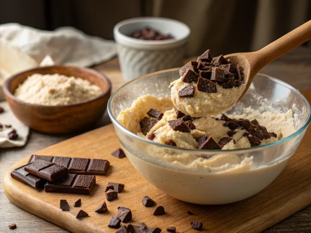 a process shot of mixing cookie dough in a bowl