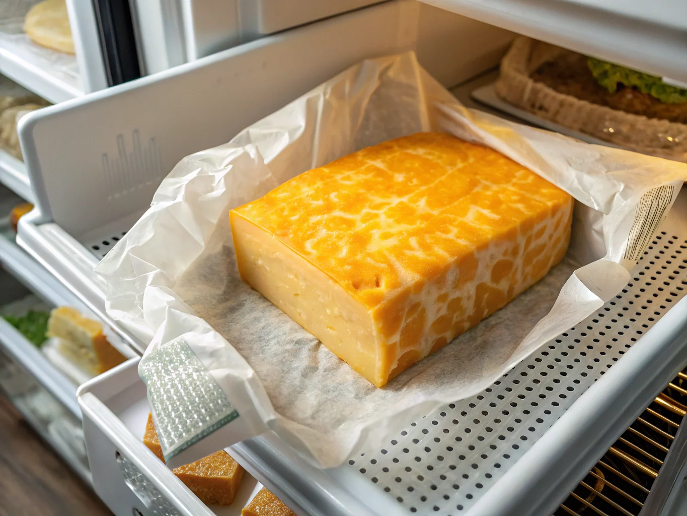 Properly stored Colby Jack cheese in a fridge