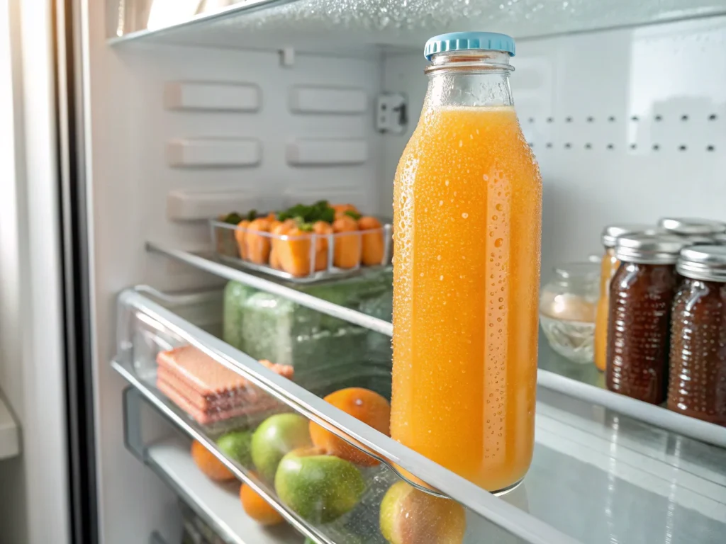 a refrigerator shelf holding a sealed glass bottle