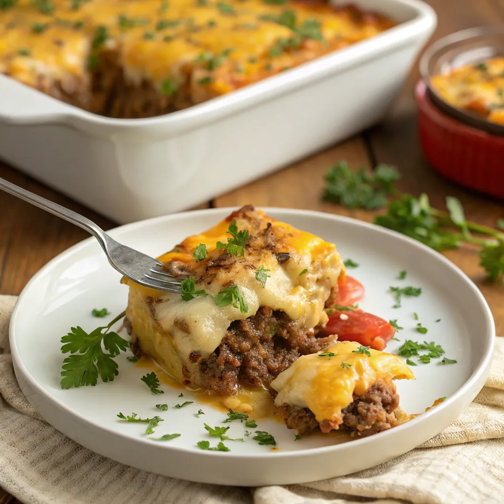 A plated serving of hamburger and potato casserole