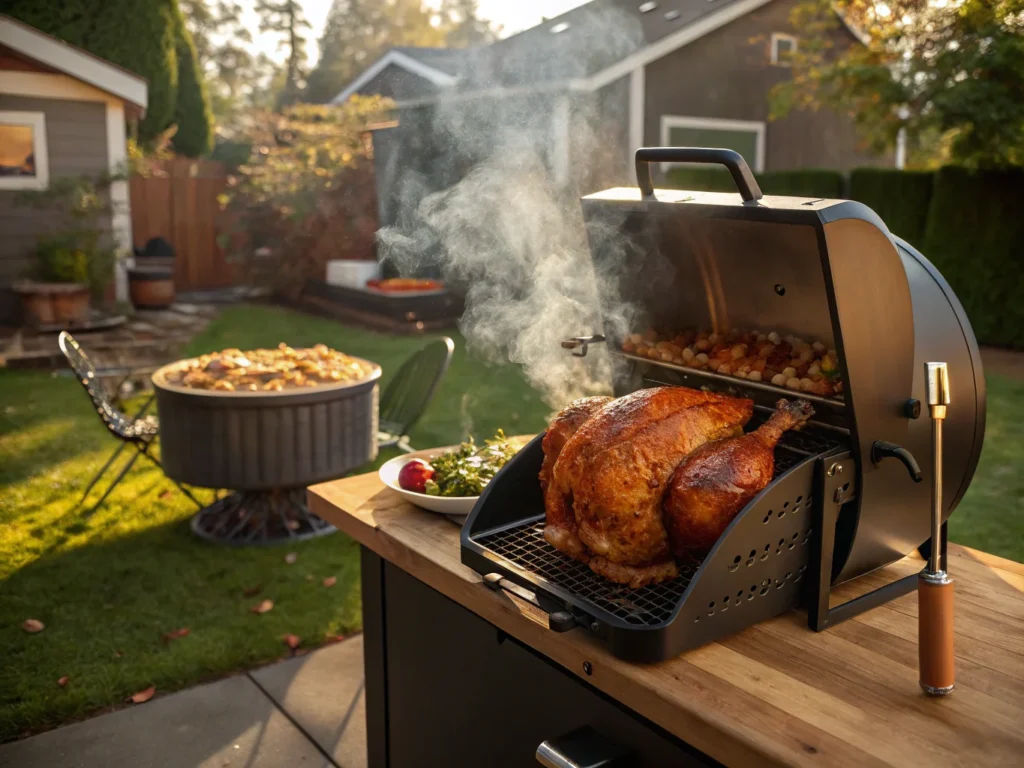 a shot of a traeger pellet smoker cooking a whole