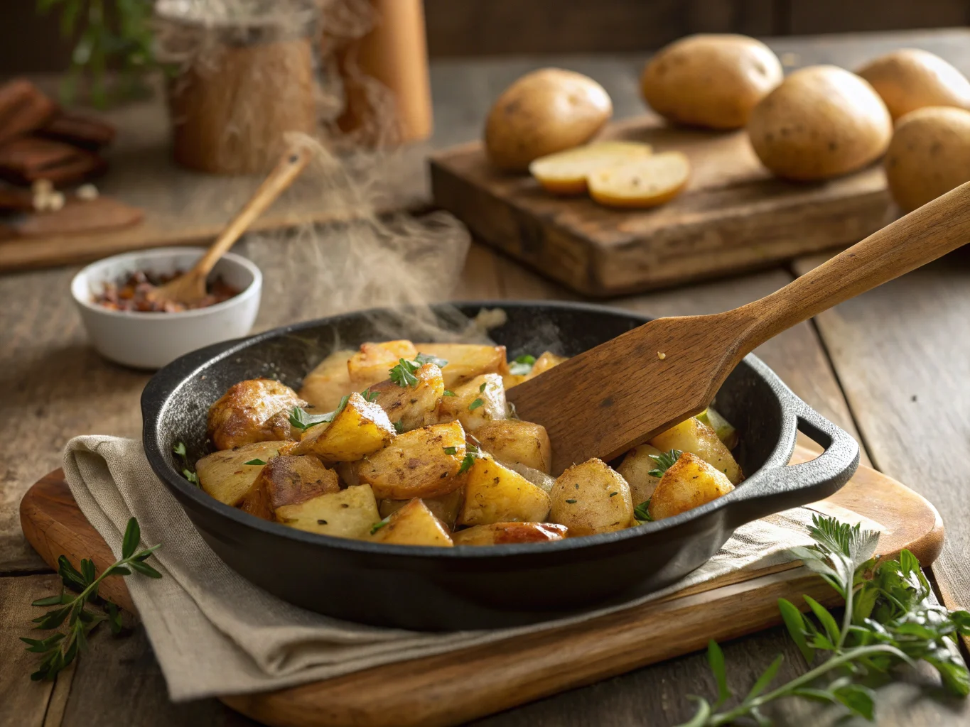 Smothered potatoes cooking in a cast-iron skillet.