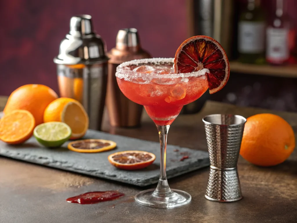 a stylish cocktail glass filled with blood orange