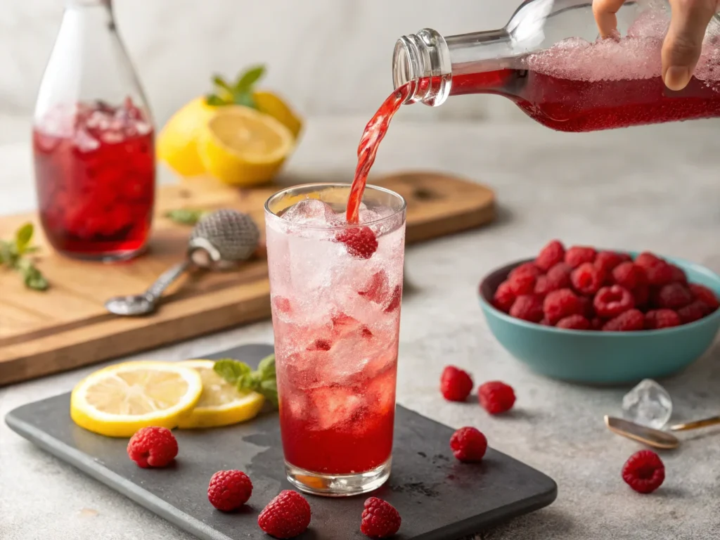 a tall glass filled with raspberry lemonade ice