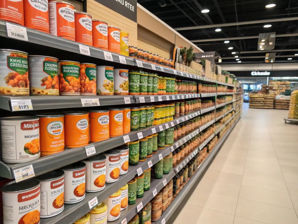 a well stocked grocery store aisle showcasing cann