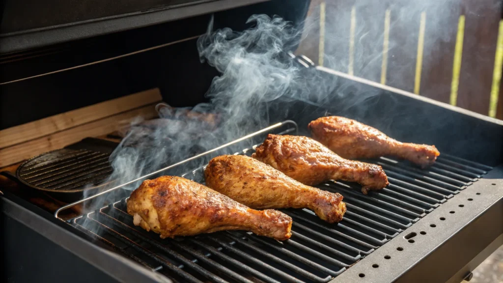 Chicken drumsticks smoking at 225°F inside a smoker