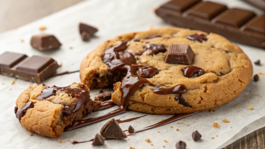 Close-up of double chunk chocolate cookie with melted chocolate chunks on a wooden plate”