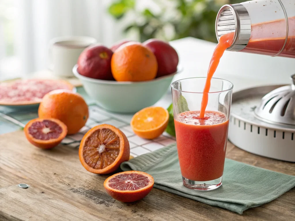 close up of freshly squeezed blood orange juice be