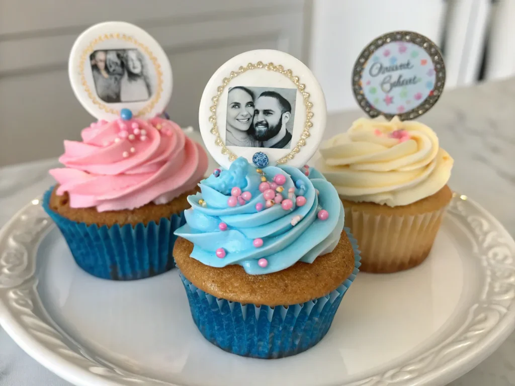 close up of gender reveal cupcakes with custom pho