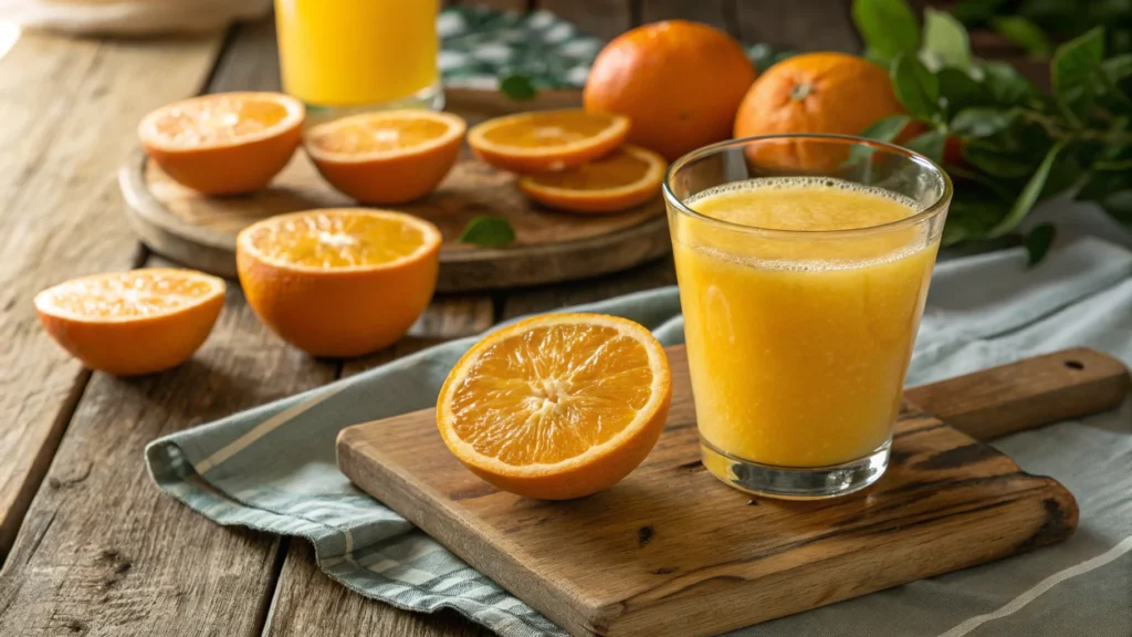 Fresh squeezed orange juice with pulp in a glass surrounded by fresh oranges.