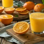 Fresh squeezed orange juice with pulp in a glass surrounded by fresh oranges.