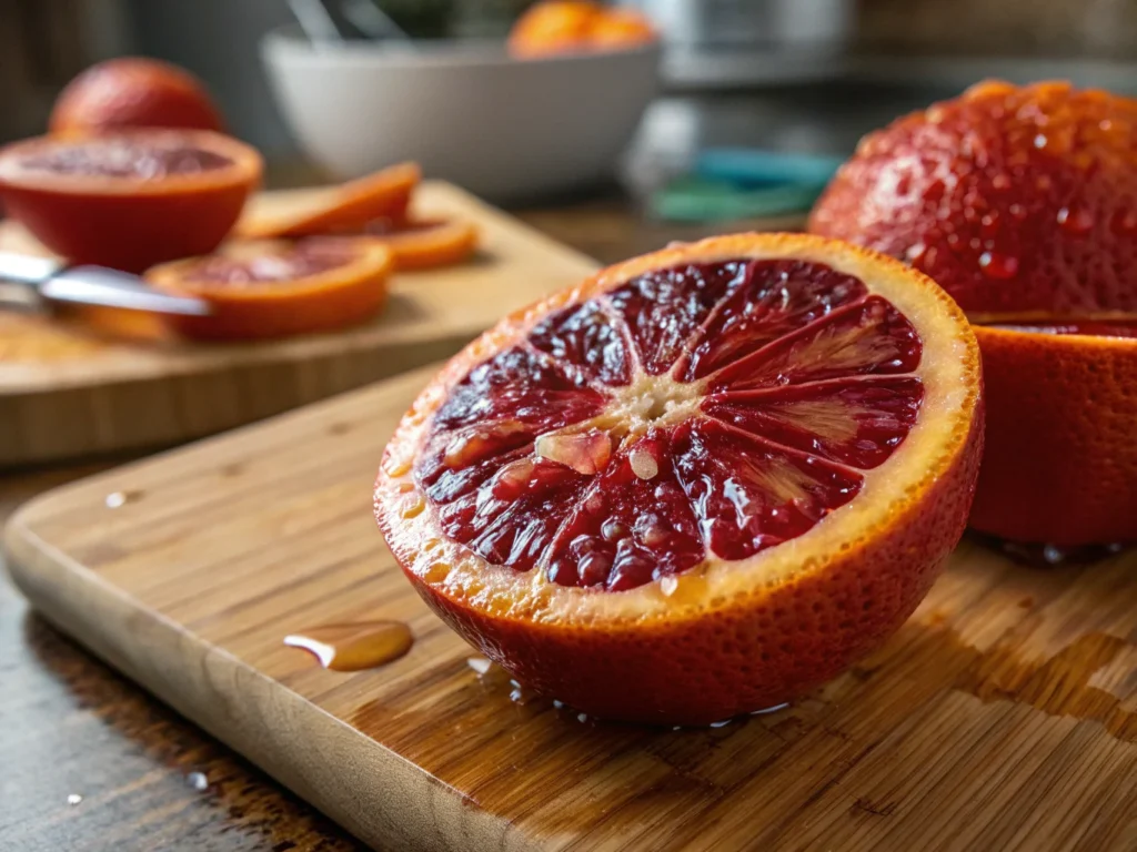 macro shot of a sliced blood orange revealing its