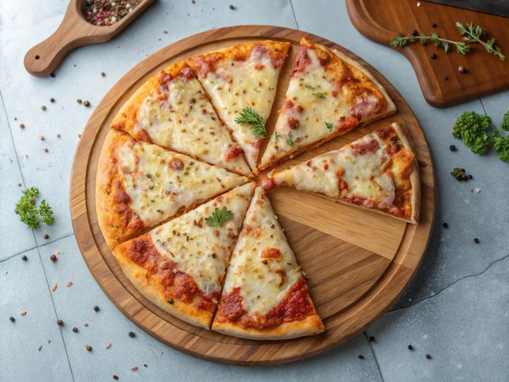 overhead shot of a 10 inch pizza on a round wooden