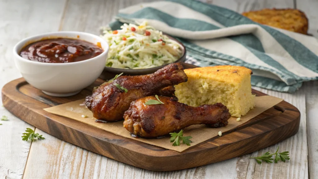 smoked chicken drumsticks plated on a rustic wood