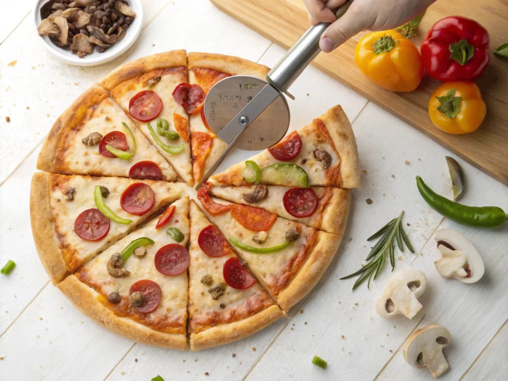 top down view of a 10 inch pizza being sliced into