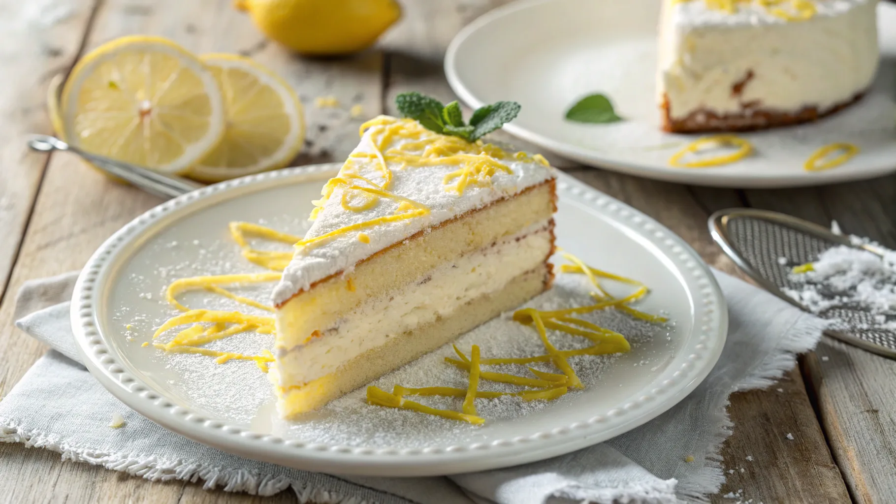 Limoncello mascarpone cake with lemon zest and powdered sugar