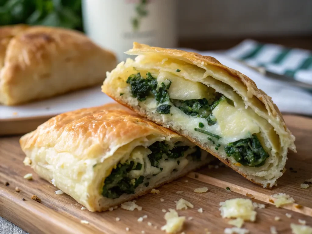 a close up macro shot of a cheese and spinach stuf1