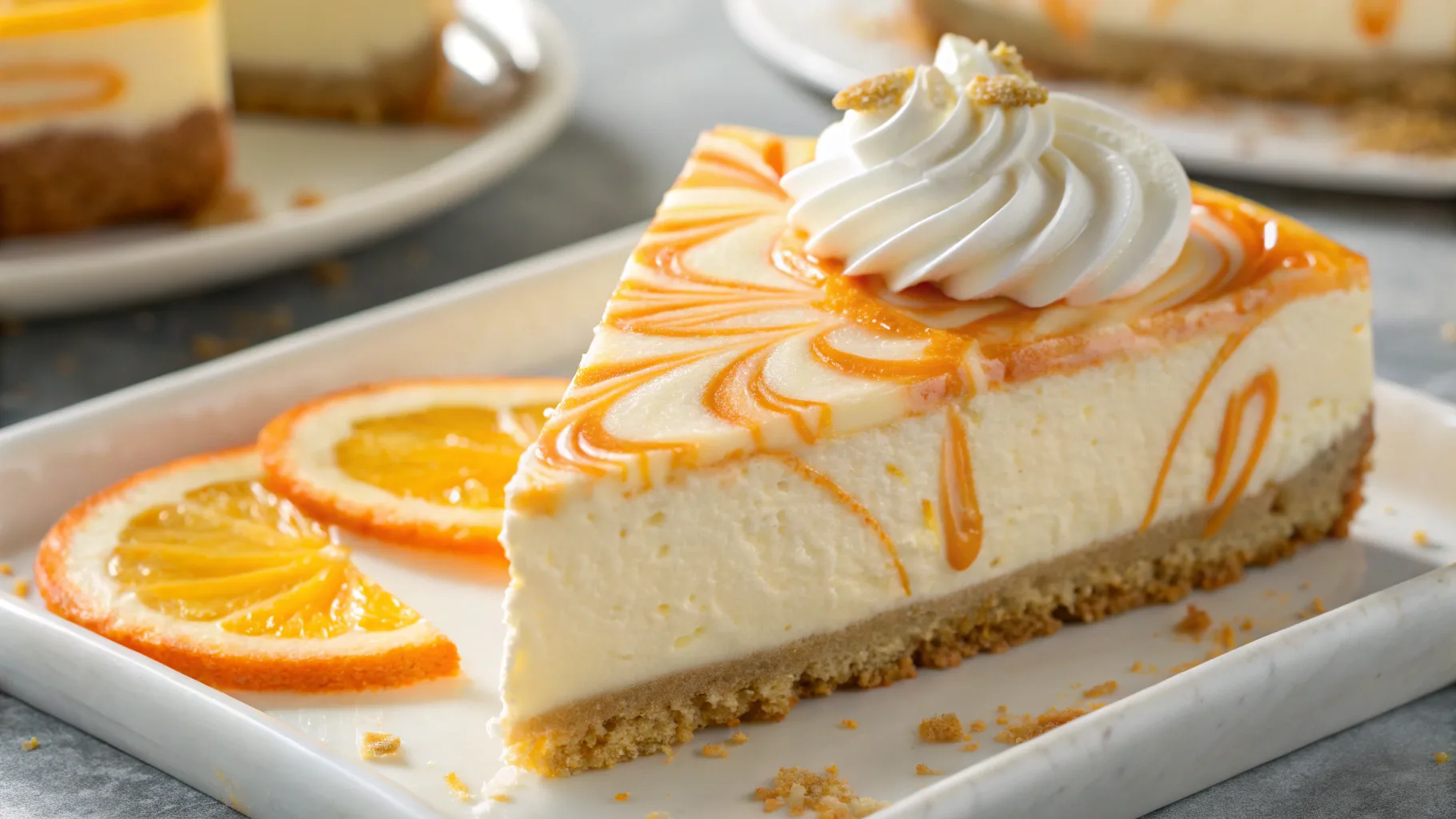 Best creamsicle cheesecake with orange swirls and whipped cream