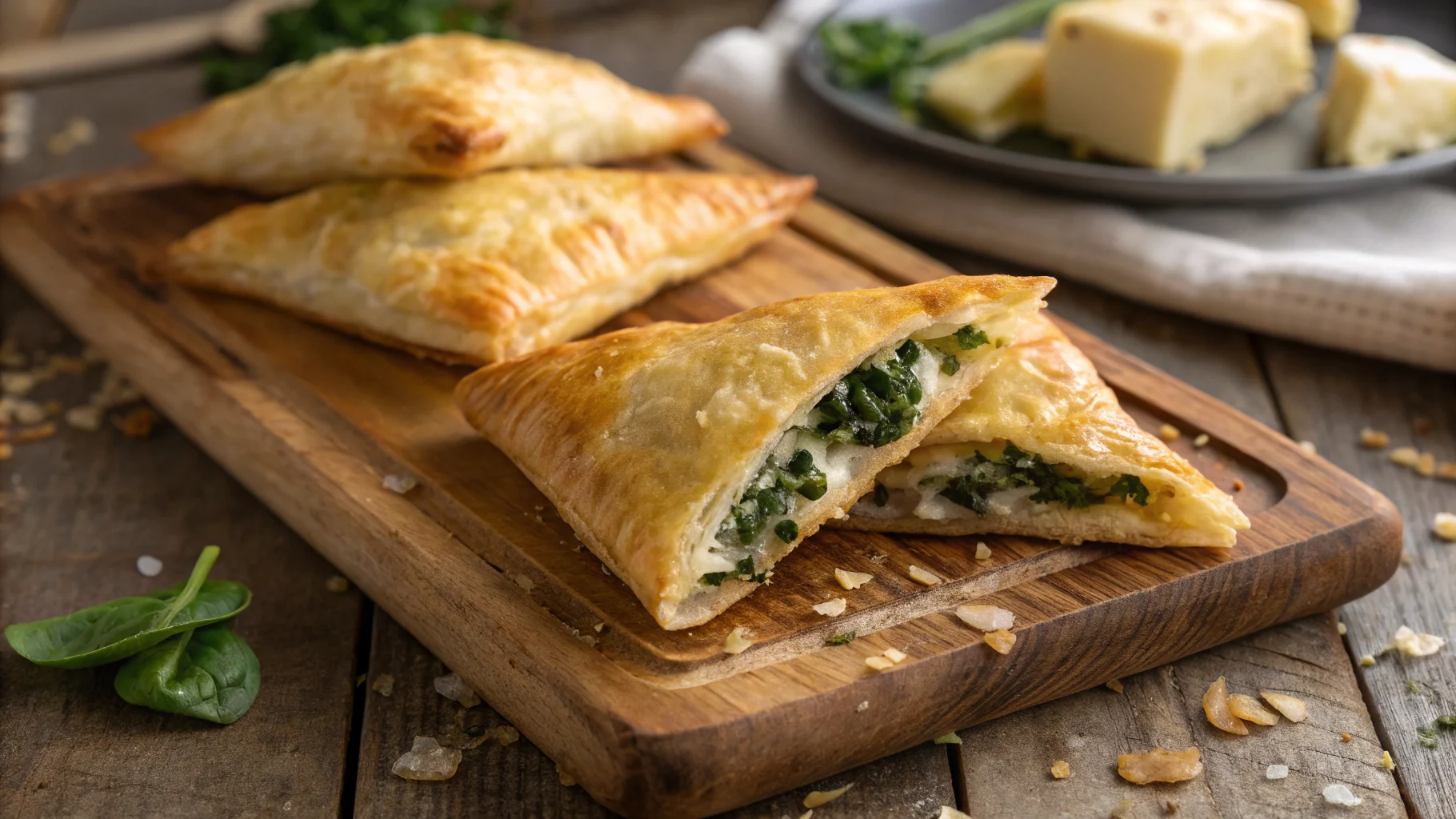 Cheese and spinach stuffed pastry, crispy and golden brown.