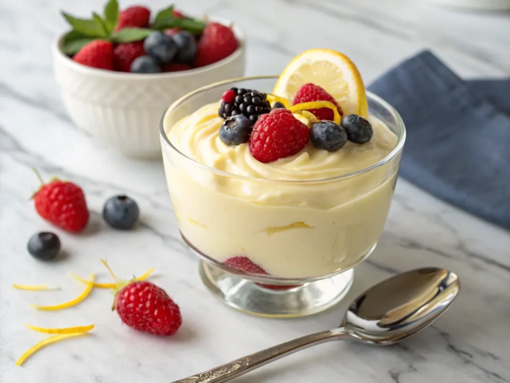 a glass cup filled with creamy limoncello mascarp