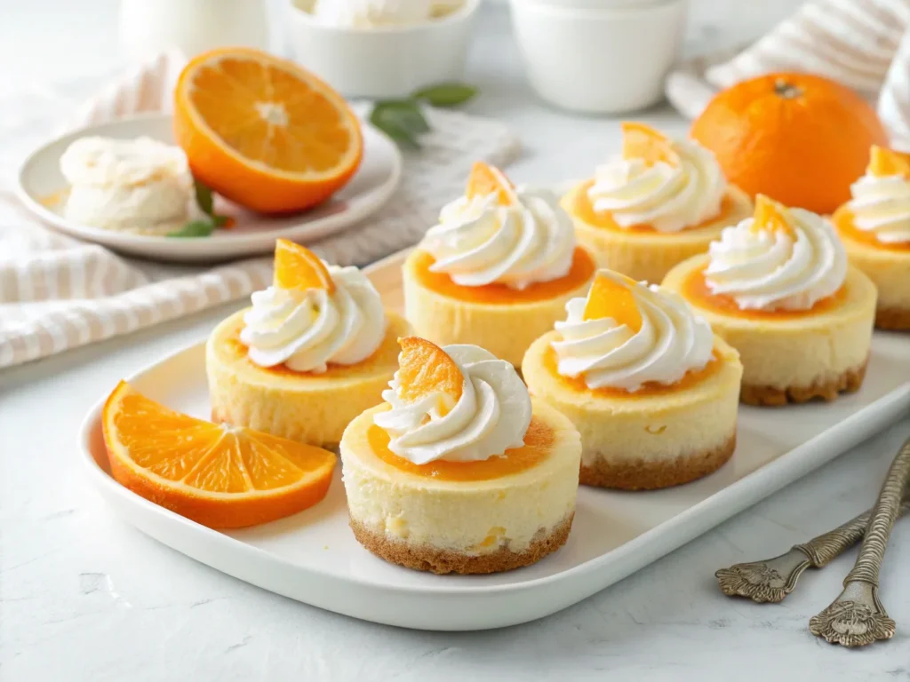 a plate of mini creamsicle cheesecakes each toppe