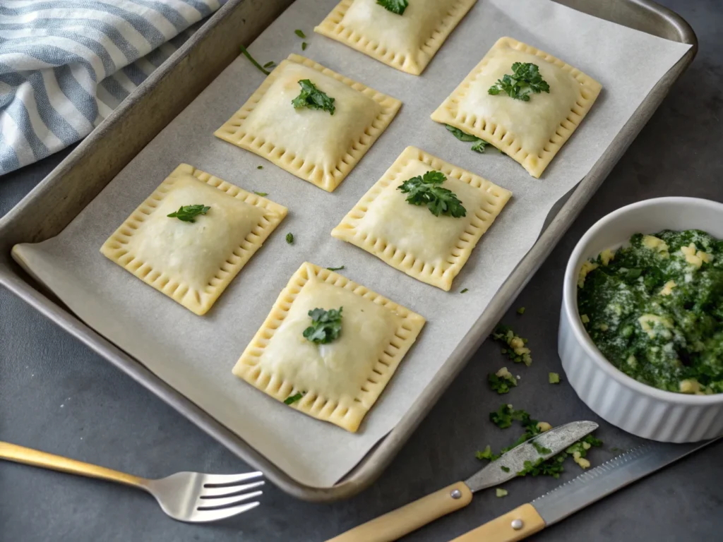 an overhead view of unbaked cheese and spinach puf